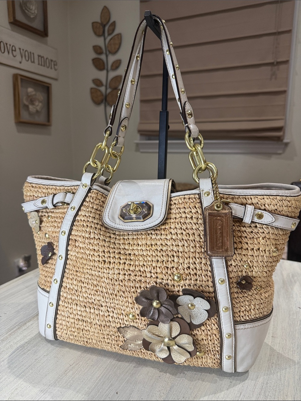 Vintage Y2K Coach Hamptons Natalie Woven Tote With Brown Floral Appliqués
